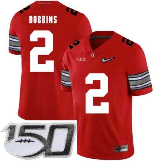 Ohio State Buckeyes 2 J.K. Dobbins Red Diamond Nike Logo College Football Stitched 150th Anniversary Patch Jersey